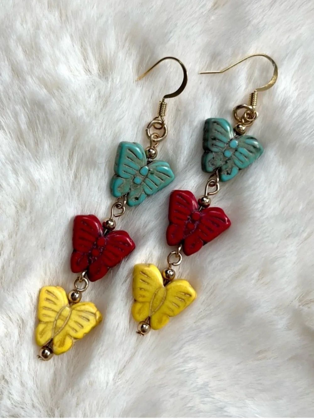 Colorful Triple Butterfly Dangle Earrings - Turquoise, Red & Yellow